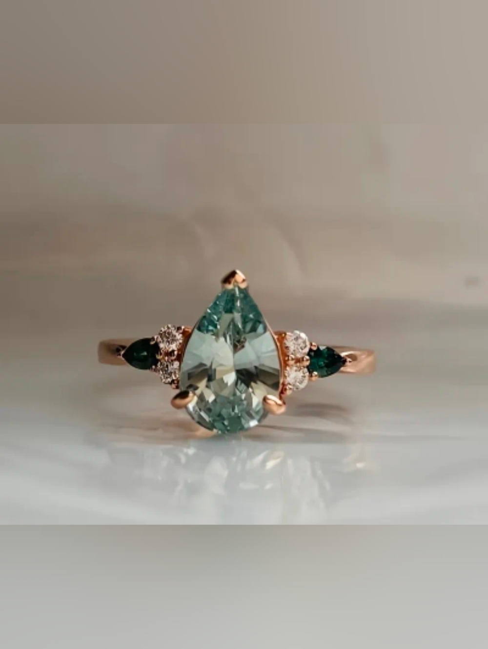 Rose Gold Pear-Cut Mint Green Gemstone Ring with Green and White Accents